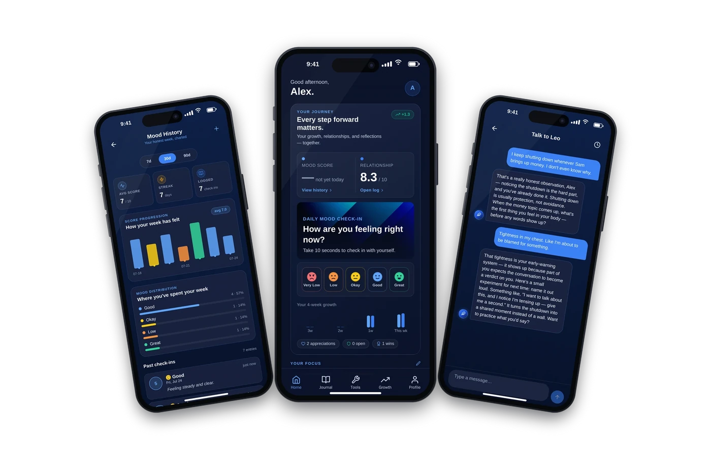 Relyn app — Home Dashboard with daily mood check-in, Leo AI coach, and progress tracking